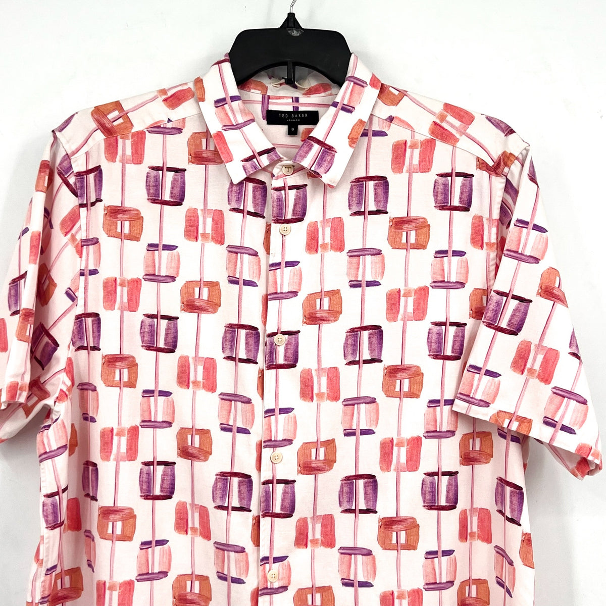 TED BAKER Men's Short Sleeve Button Down Shirt XXL 6 Pink Purple Abstract NWT