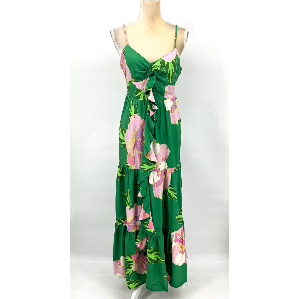 CECE Floral Tiered Maxi Dress Medium Green Peony Blossom Ruffle-Front NWT