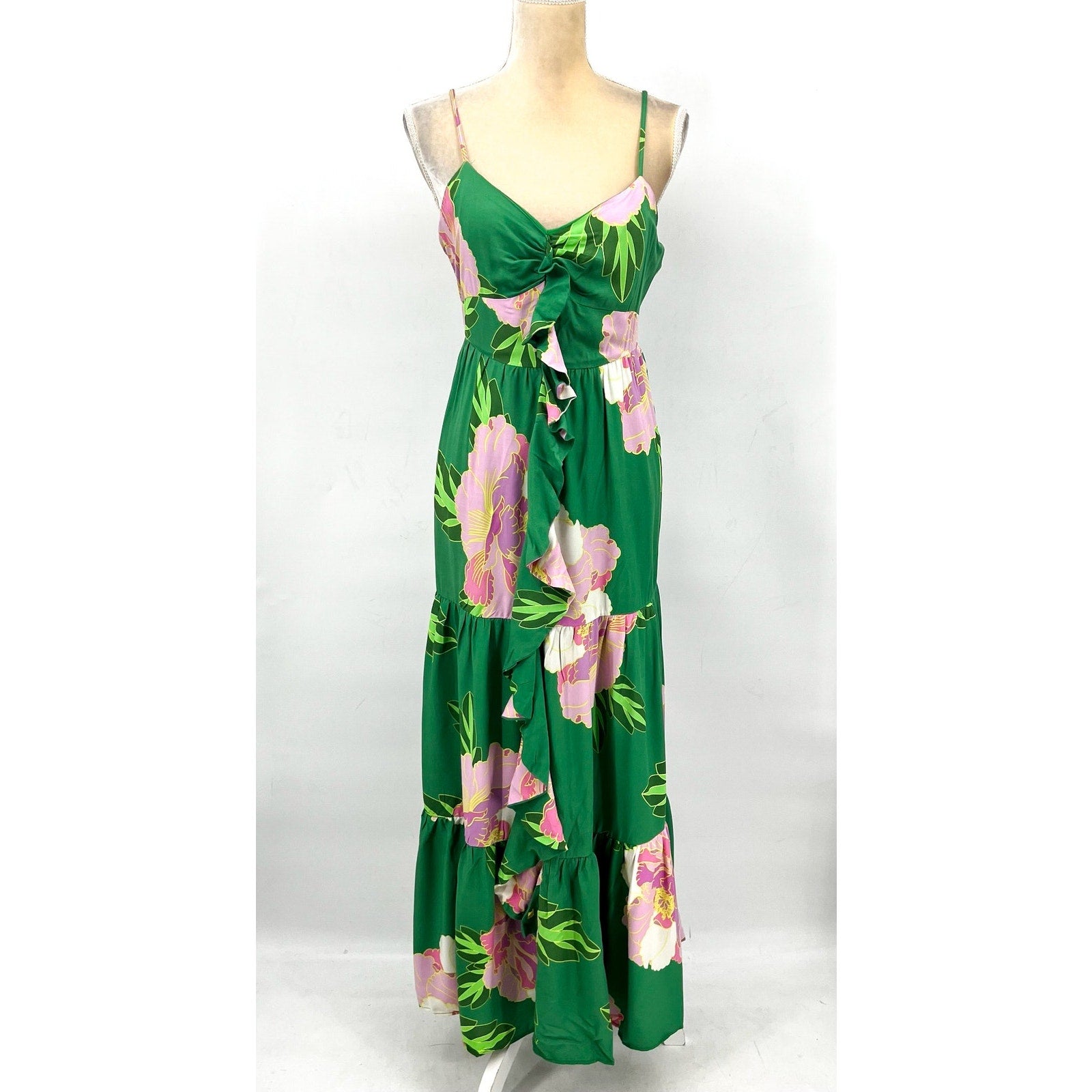 CECE Floral Tiered Maxi Dress Medium Green Peony Blossom Ruffle-Front NWT
