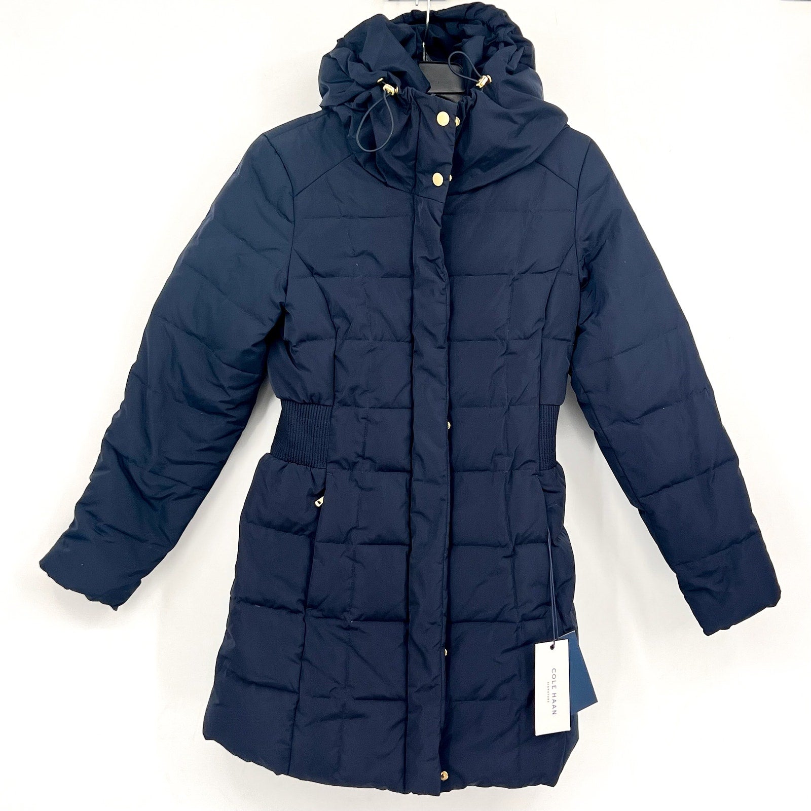 COLE HAAN Women’s Box Quilt Down Puffer Coat XS Navy Blue Hooded NWT