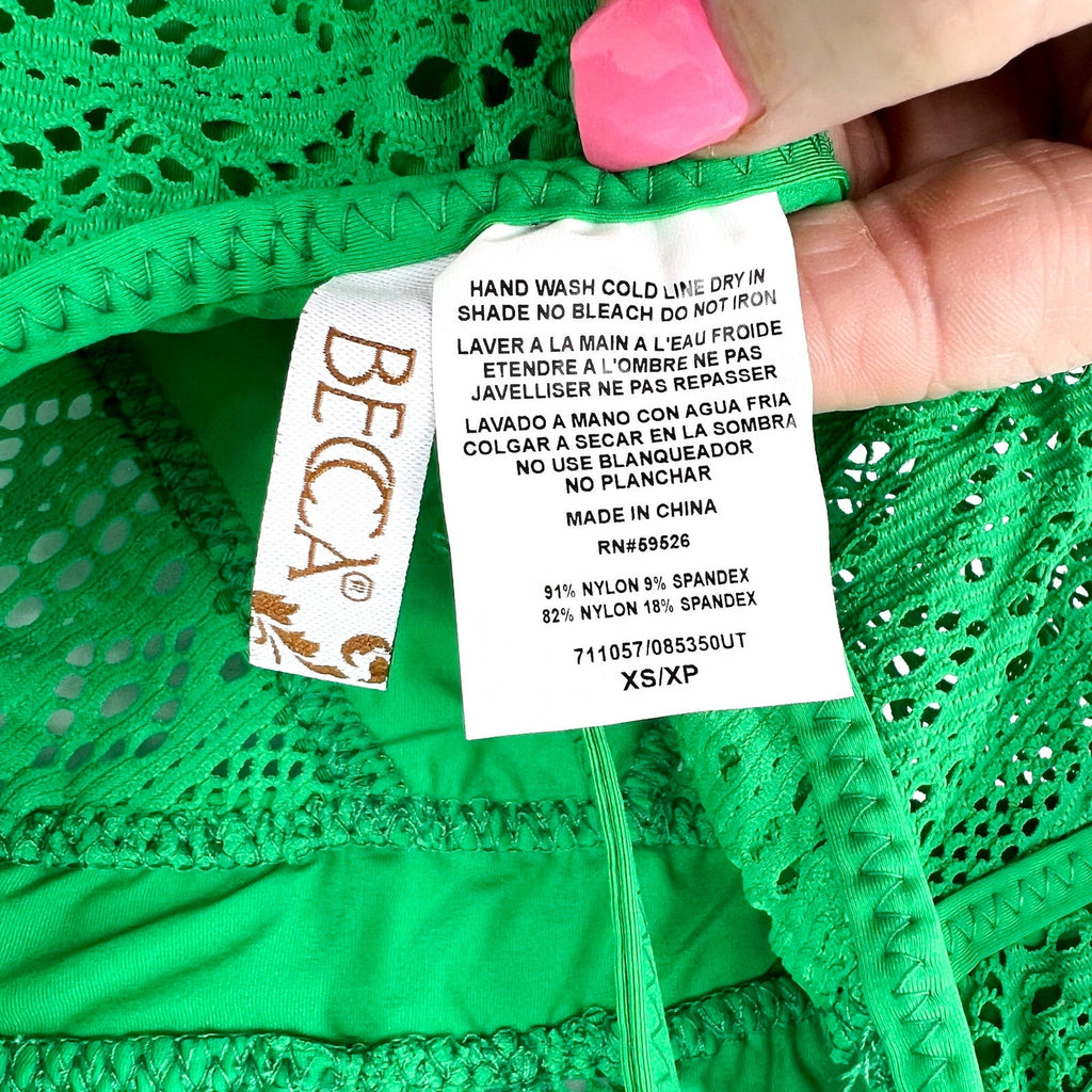BECCA Women's Crochet Plunge One Piece Swimsuit XS Emerald Green Color Play NWT