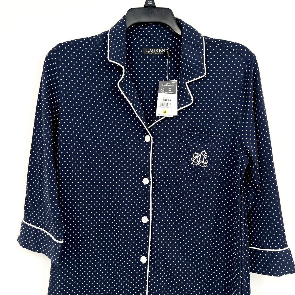 LAUREN RALPH LAUREN Womens Cotton Sleep Shirt Medium Navy Blue White Dot NWT