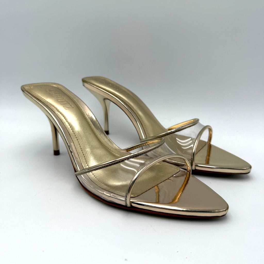 Schutz Womens Elodie Vinyl Heeled Mule Sandals Size 7.5 Platinum Gold NIB