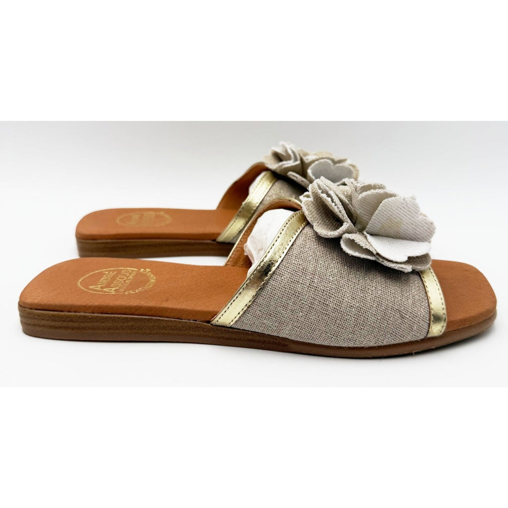 Andre Assous Womens Kiky Flower Slide Sandals Size 7 EU 38 Beige Natural NIB