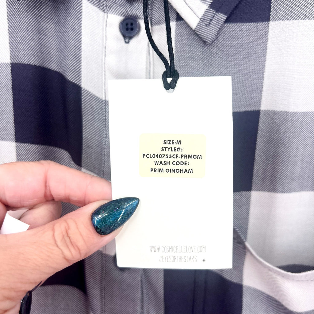 STITCH FIX COSMIC BLUE LOVE Popover Top Shirt Medium Grey White Check NWT