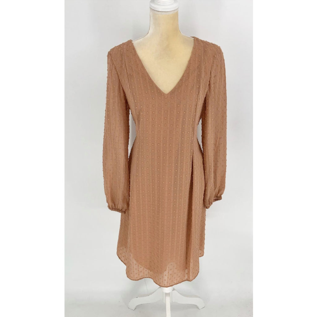 INC INTERNATIONAL CONCEPTS Women Shift Dress Large Tan Hazelwood Long Sleeve NWT