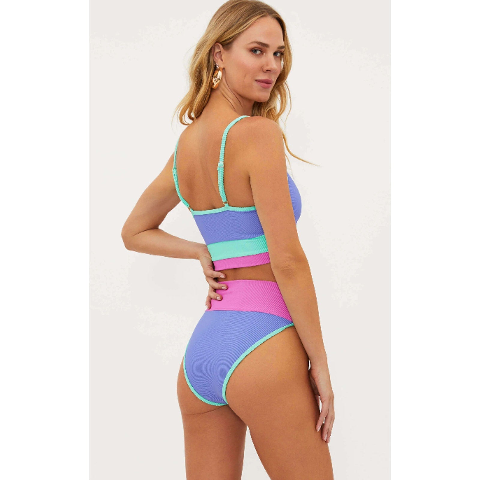 BEACH RIOT Emmy High Waist Bikini Bottom Large Purple High Tide Colorblock NWT