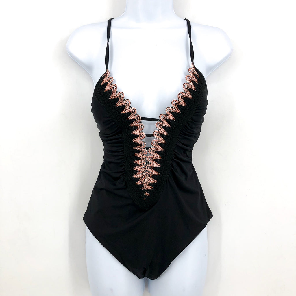 BECCA Women's Layla Plunge One-Piece Swimsuit Medium Black Open Back NWT