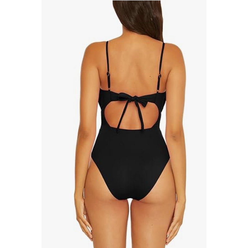BECCA Women's Color Code Sarai One Piece Swimsuit Large Black Plunge Cutout NWT