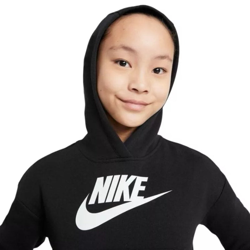 NIKE Girls Club Fleece Pullover Hoodie Medium Black White Sweatshirt NWT