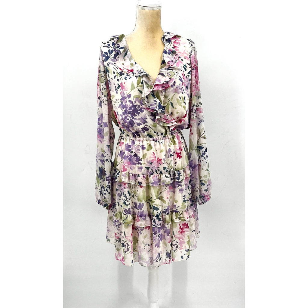 Lauren Ralph Lauren Surplice Dress Size 12 Pink Floral Crinkle Georgette NWT