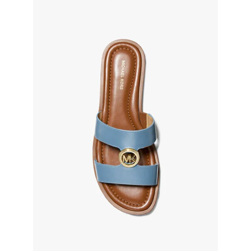Michael Kors Womens Erin Leather Flat Sandals Size 6.5 Light Blue Chambray NIB