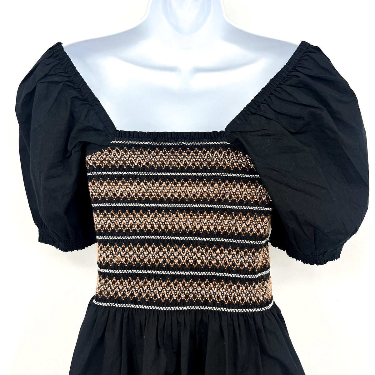 Madewell Womens Poplin Puff-Sleeve Mini Dress Small Black Smocked NU780 NWT