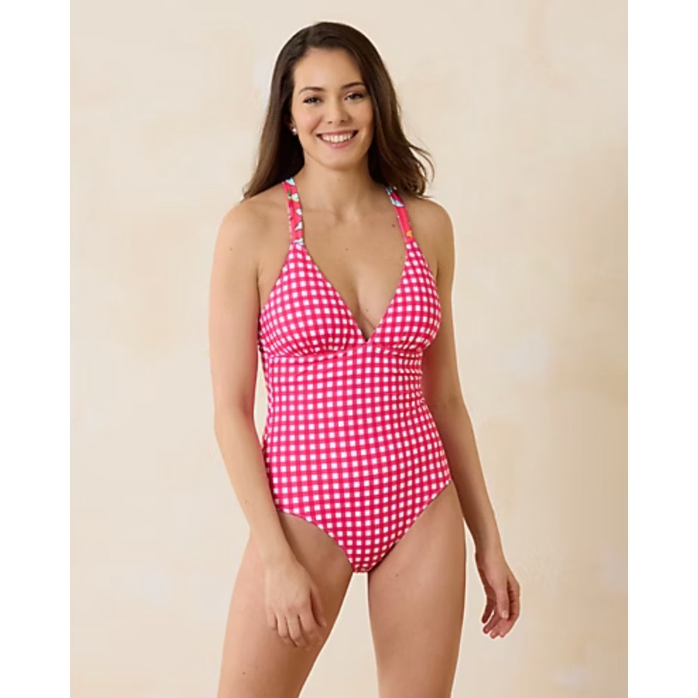 TOMMY BAHAMA Summer Reversible One Piece Swimsuit Size 12 Pink White Floral NWT