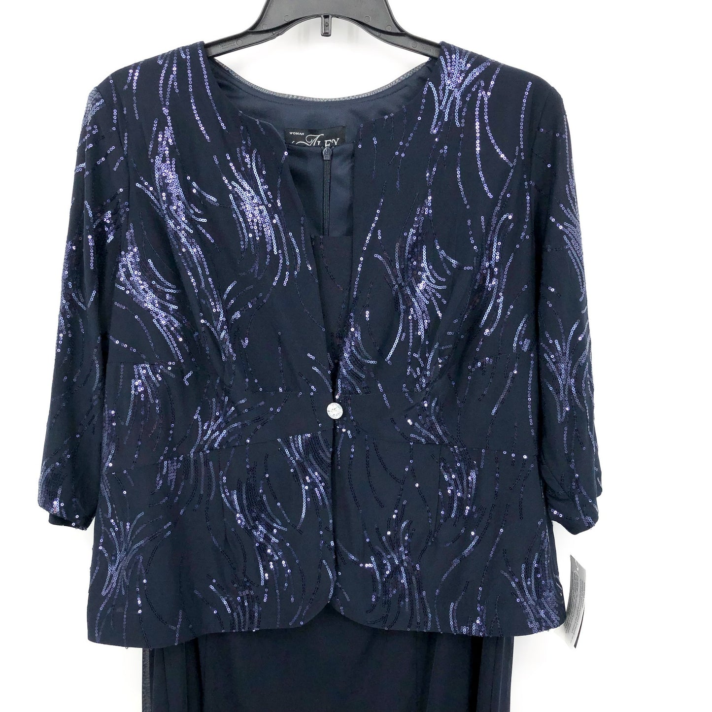 ALEX EVENINGS Chiffon & Sequin Dress & Jacket Set 18W Navy Blue Formal NWT