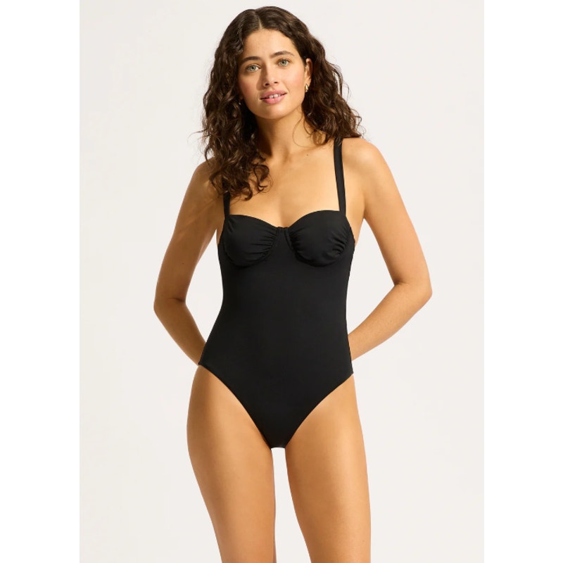 SEAFOLLY Women's Underwire One Piece Swimsuit Size 12 Black Ruched NWT