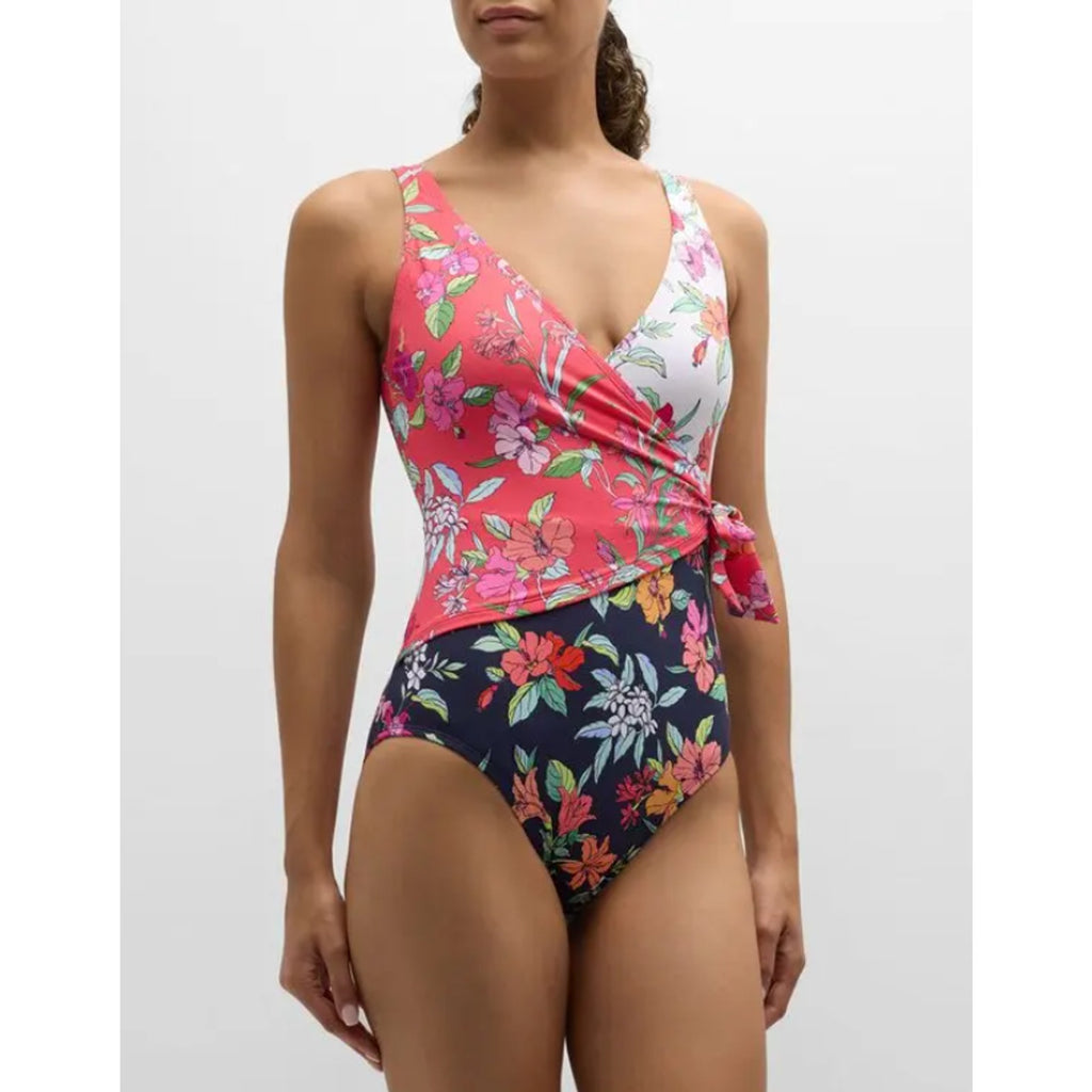 TOMMY BAHAMA Summer One-Piece Swimsuit Size 16 Pink Black Floral Wrap-Front NWT