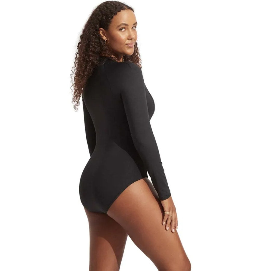 SEAFOLLY Women's Plain Zip Front Swim Surfsuit Size 8 Black Long Sleeve