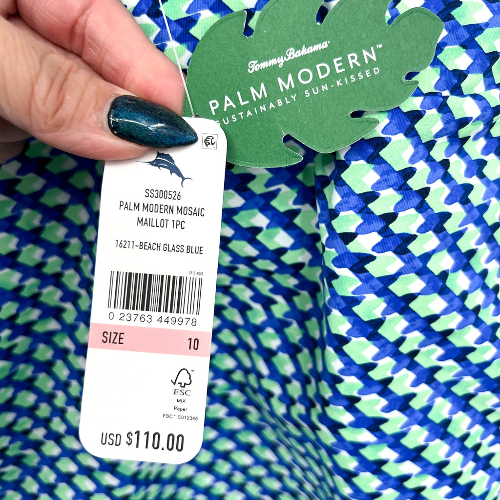 TOMMY BAHAMA Palm Modern Mosaic Pool One-Piece Swimsuit Size 10 Beach Blue NWT
