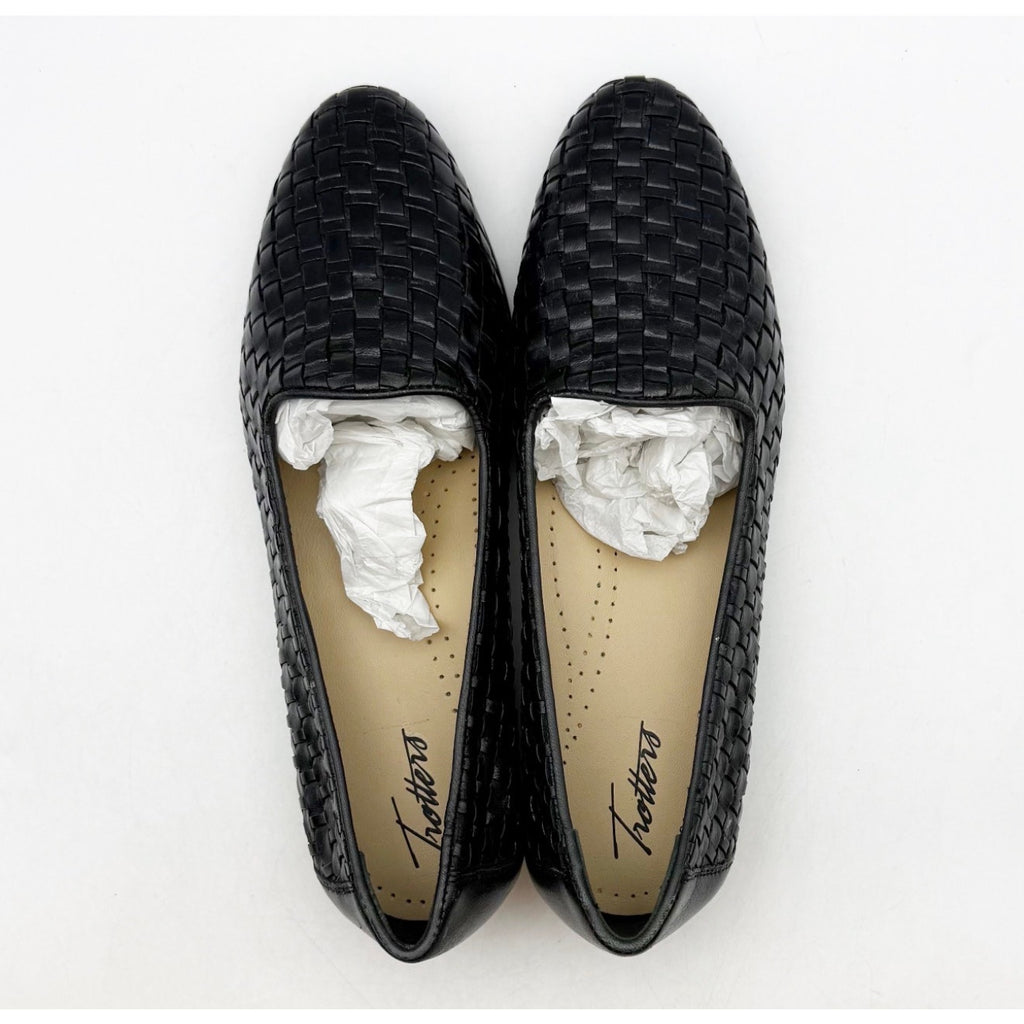 TROTTERS Womens Liz Loafers Size 8.5 Extra Wide Black Woven Leather Slip-On NWOB
