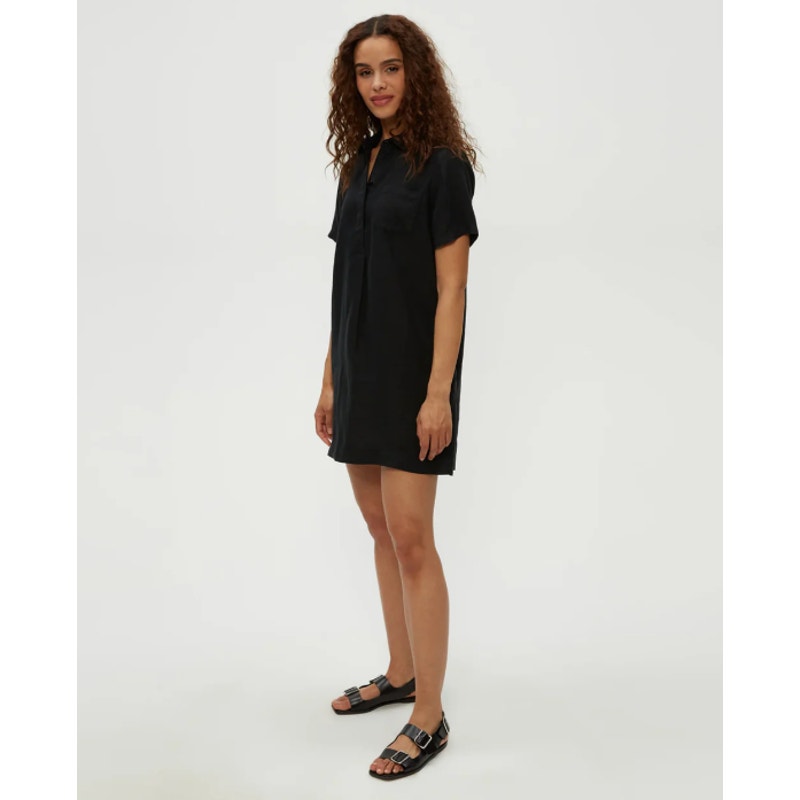 MICHAEL STARS Women's Ola Utility Dress Medium Black Short Sleeve Linen NWT