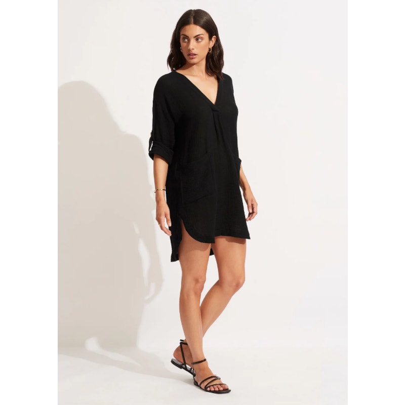 SEAFOLLY Womens Essential Swim Cover Up Dress Size 8 Black Lightweight Gauze NWT