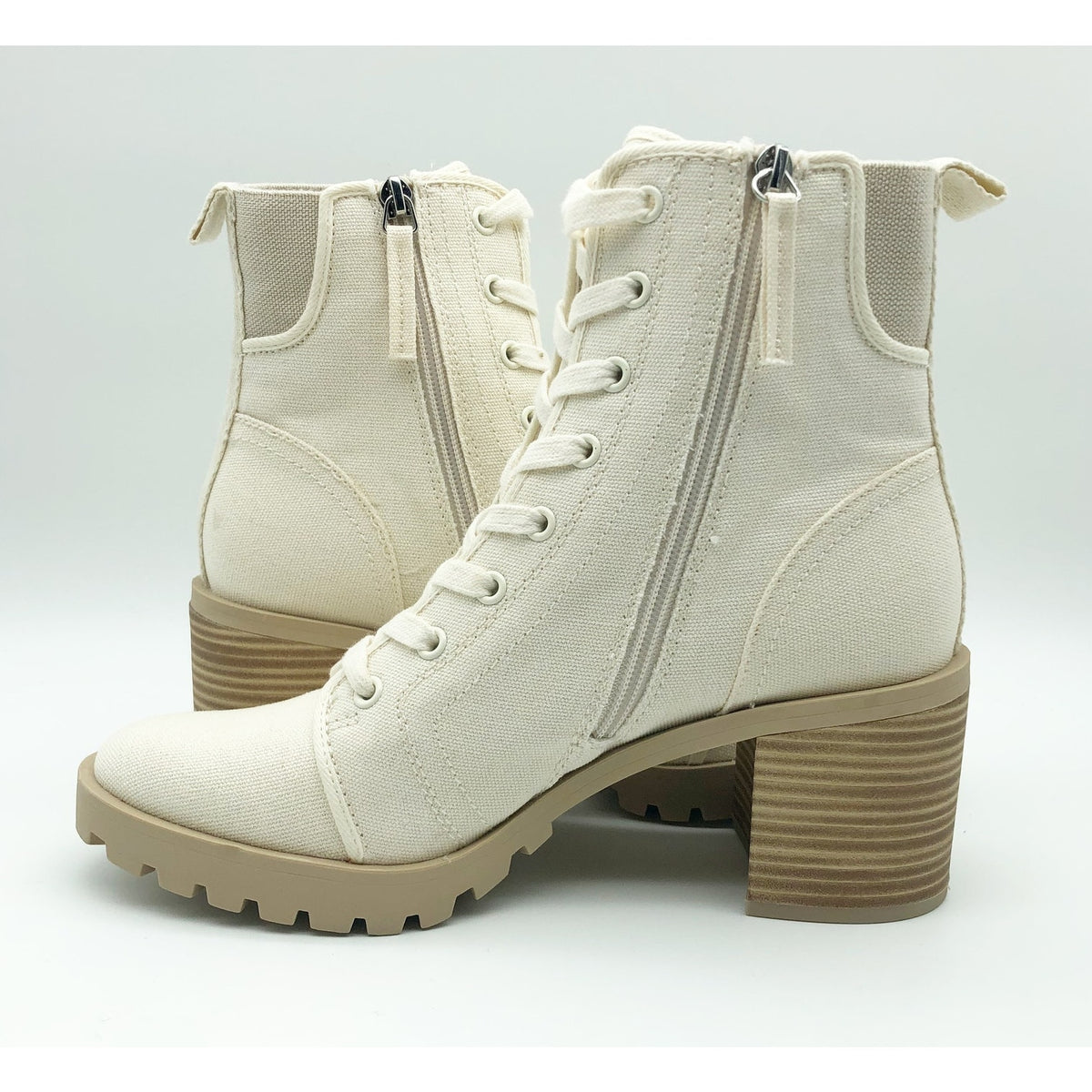 Dolce Vita Womens Combat Boots Size 9 Stacked Heel Off White Canvas NWOB