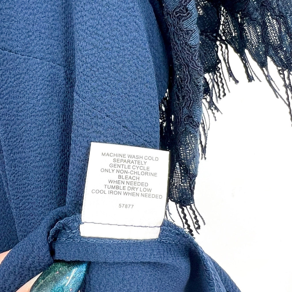 MONTGOMERY POST STITCH FIX Blouse Small Navy Blue Lace Trim Sleeves NWT