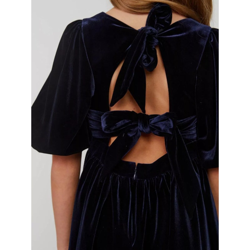 BARDOT Girl's Wynter Velour Dress Size 16 Navy Blue Short Puff Sleeve NWT