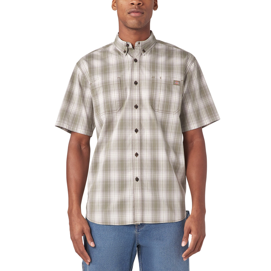 DICKIES Mens Flex Short Sleeve Woven Shirt Medium Green Plaid Relaxed Fit NWT