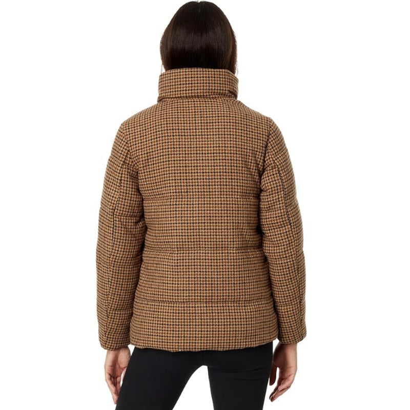 LAUREN RALPH LAUREN Womens Houndstooth Crest-Patch Puffer Coat Large Tan NWOT