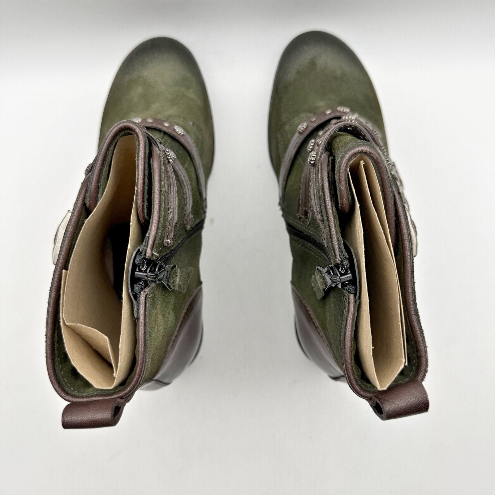 Miz Mooz Womens Sherri Ankle Boot EU 36 WIDE US 6 Green Brown Leather Buckle NIB