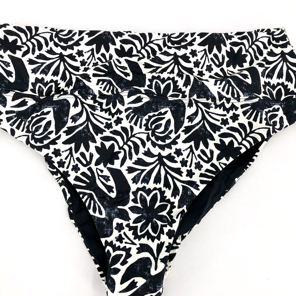 PRANA Women's Aurelia Bikini Bottom Small White Black Flora Fauna High Waist NWT