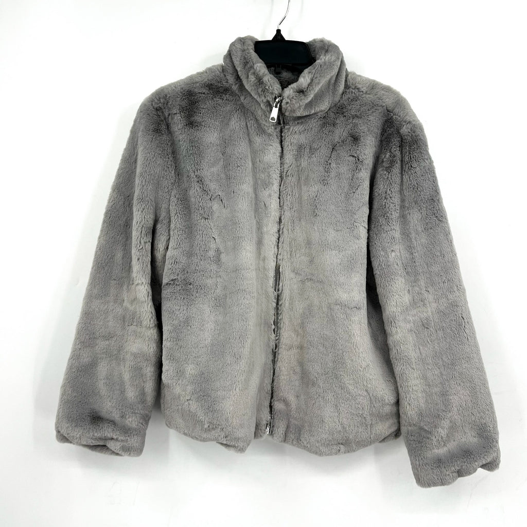 Sanctuary Womens Lux Faux Fur Short Coat Large Light Grey NWT