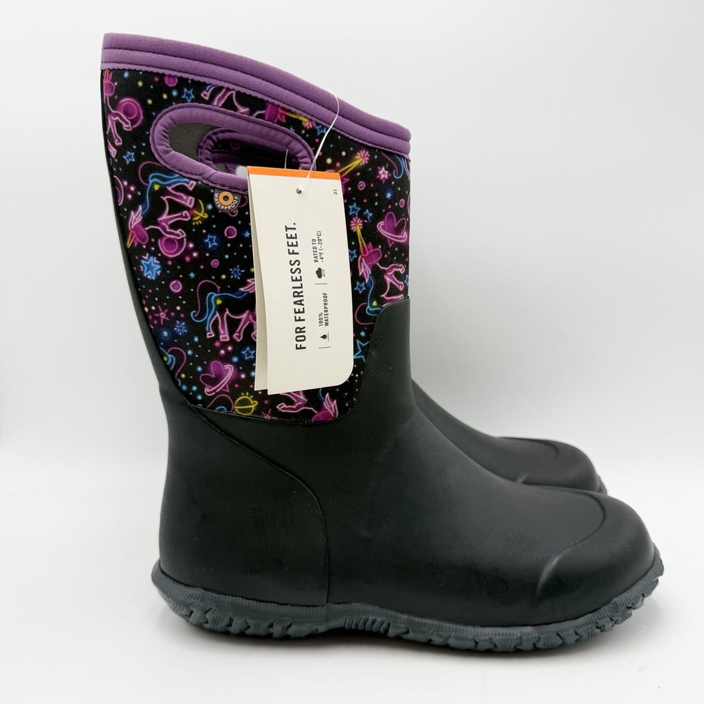 Bogs Girls York Rain Boots Size 5 Black Purple Neon Unicorn Waterproof NWOB