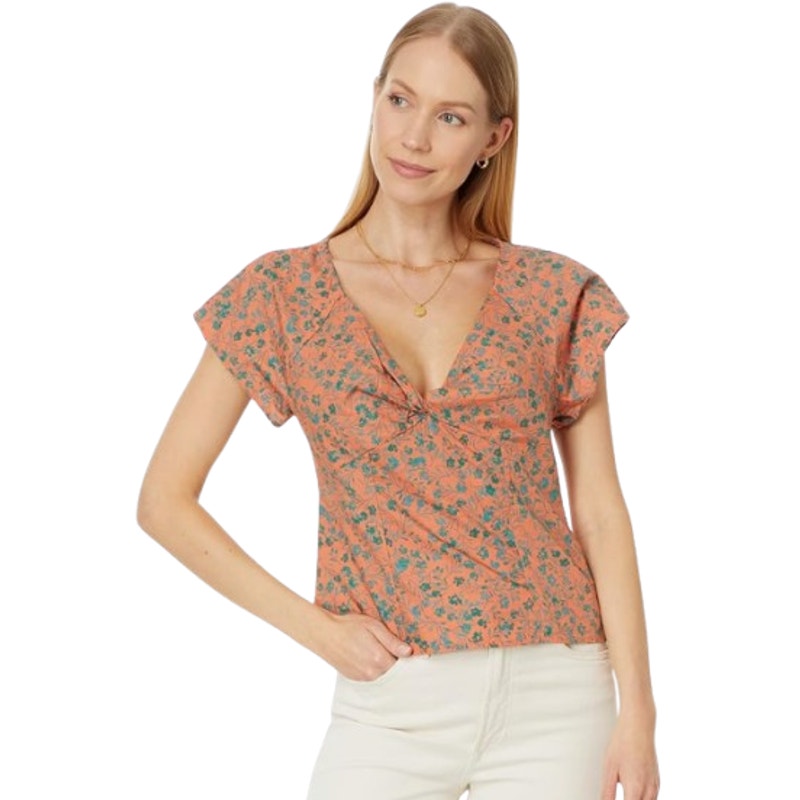 MADEWELL Womens Amari Twist Top Size 00 Orange Floral Short Sleeve NP029 NWT