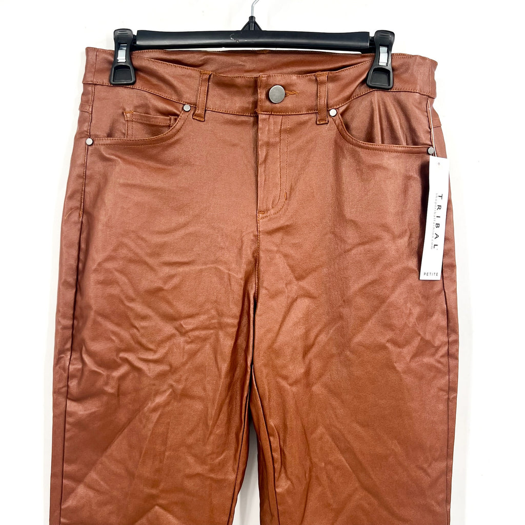 TRIBAL Womens Vegan Leather Pants US 4 Petite Brown Walnut Straight Leg NWT