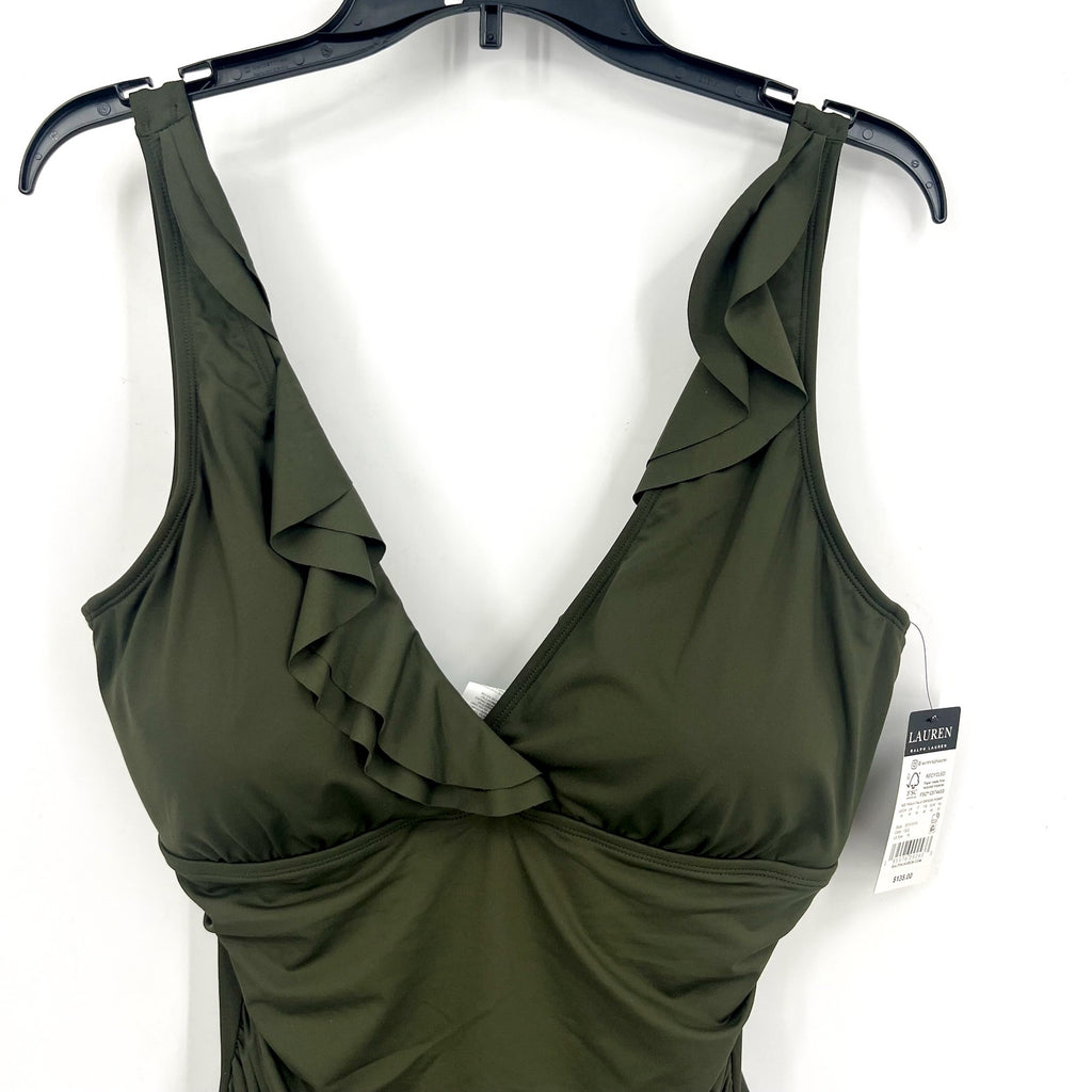LAUREN RALPH LAUREN Ruffle One Piece Swimsuit Size 16 Olive Green Beach Club NWT