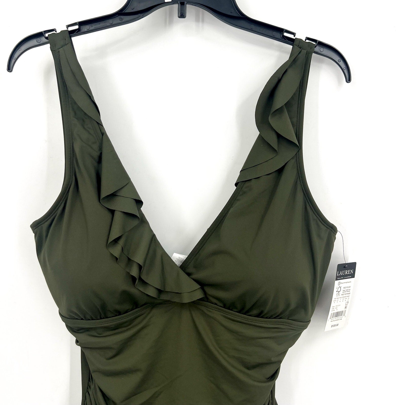 LAUREN RALPH LAUREN Ruffle One Piece Swimsuit Size 16 Olive Green Beach Club NWT