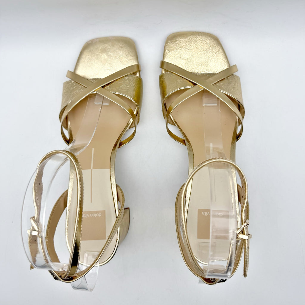 Dolce Vita Womens Blakly Heel Sandal US 8.5 Gold Distressed Leather NIB