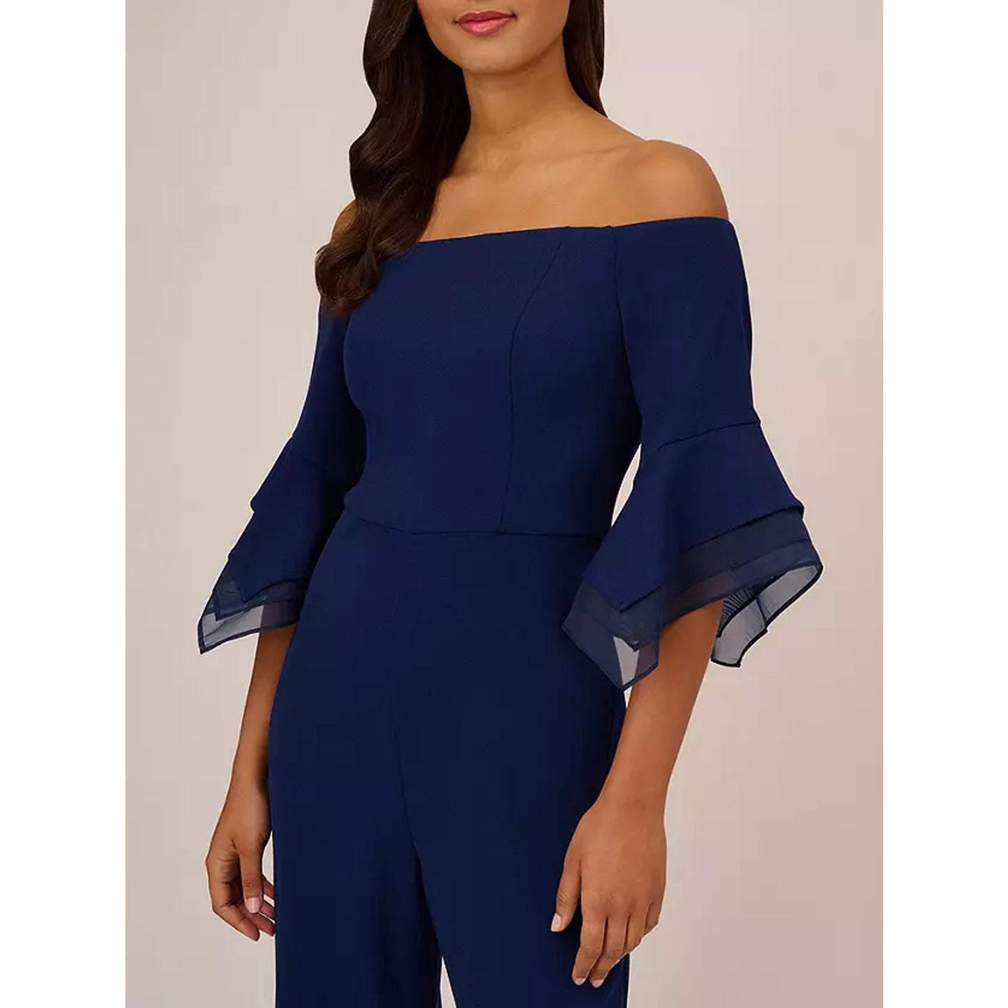 ADRIANNA PAPELL Organza Crepe Jumpsuit Size 14 Navy Blue Satin Off Shoulder NWT