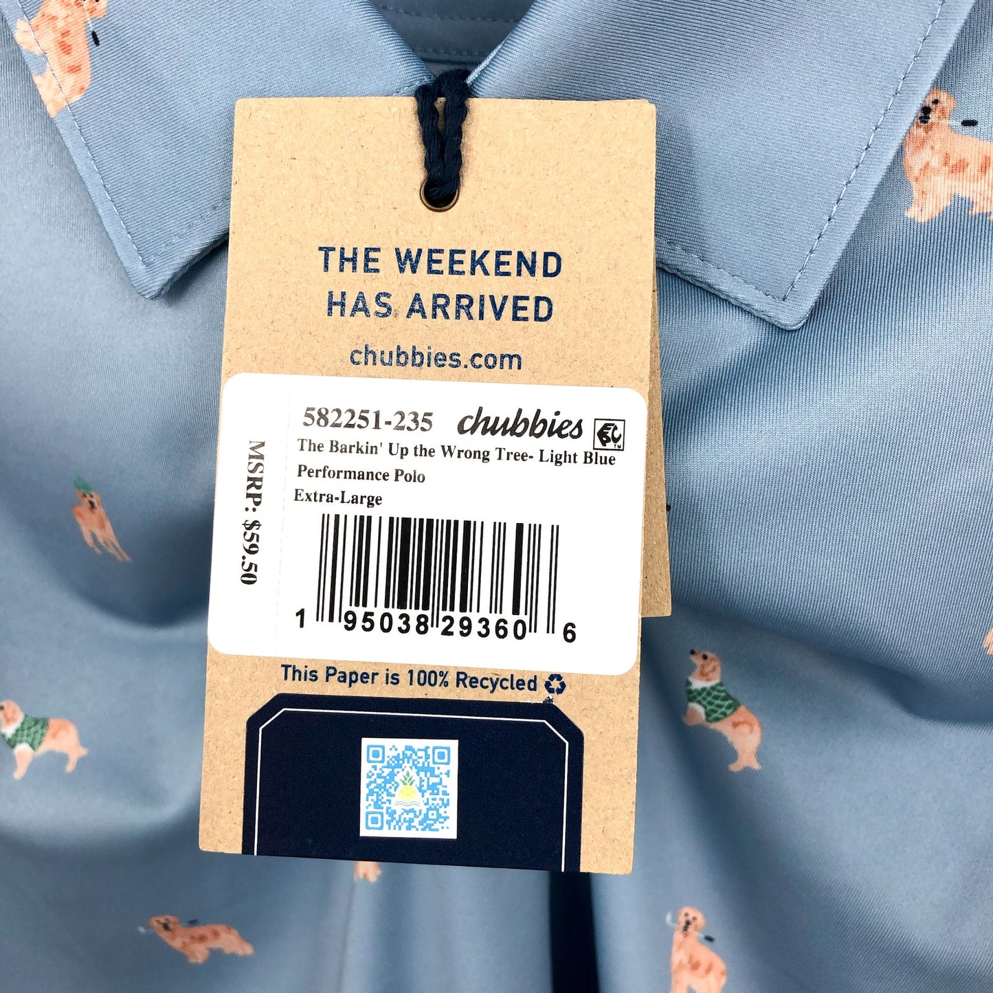 CHUBBIES Mens Performance Polo XL Light Blue Barkin' Up The Wrong Tree Print NWT