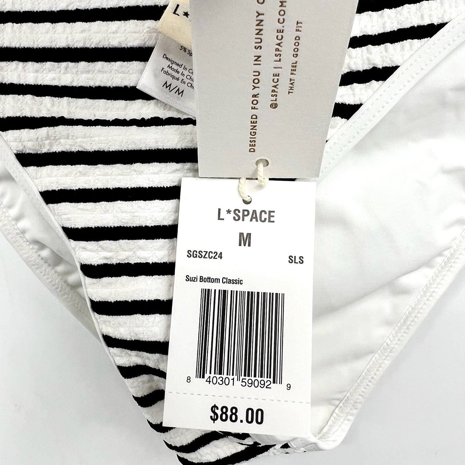 L*SPACE Women's Suzi Classic Bikini Bottom Medium Black White Stripe Ribbed NWT