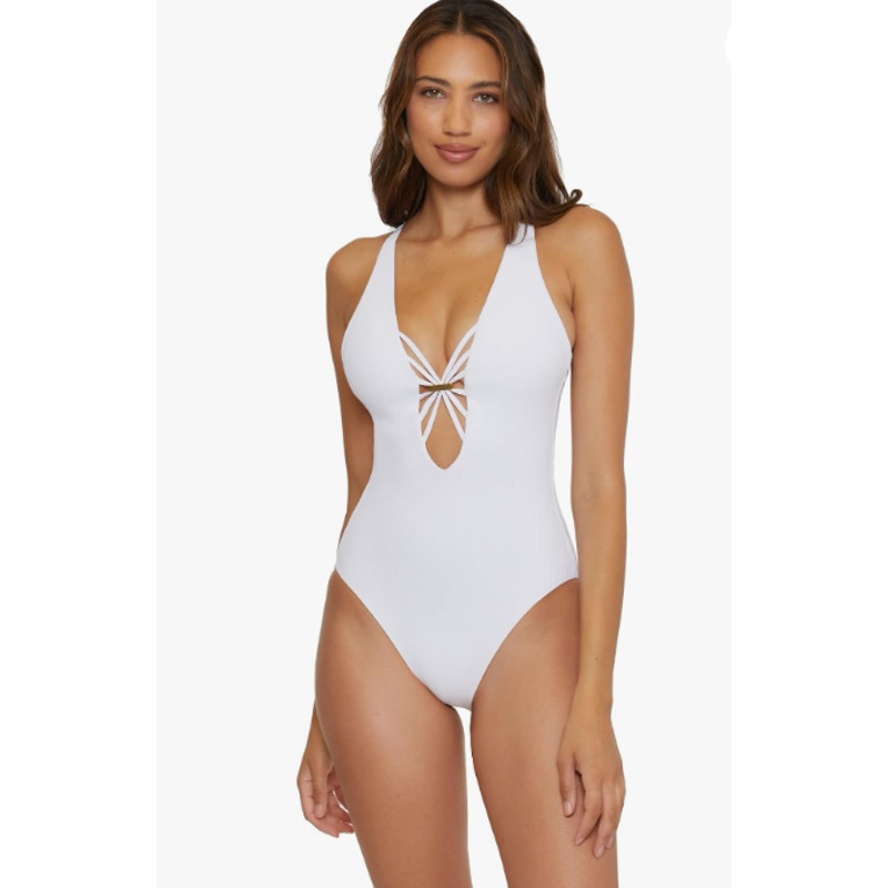 BECCA Women's Modern Edge Haley One Piece Swimsuit Large White Plunge Neck NWT