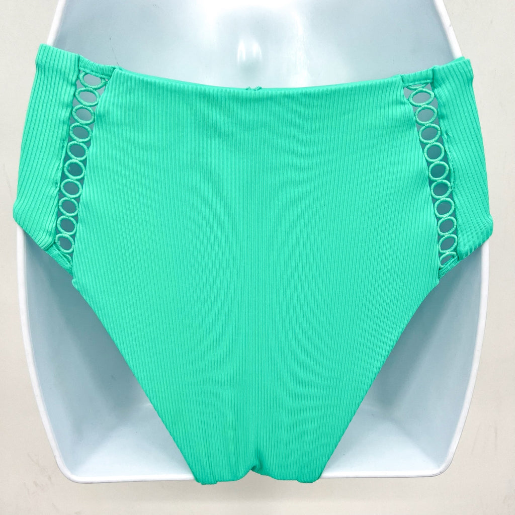 BECCA High Waist Bikini Bottoms Medium Green Aqua Sea Modern Edge Cut Out NWT
