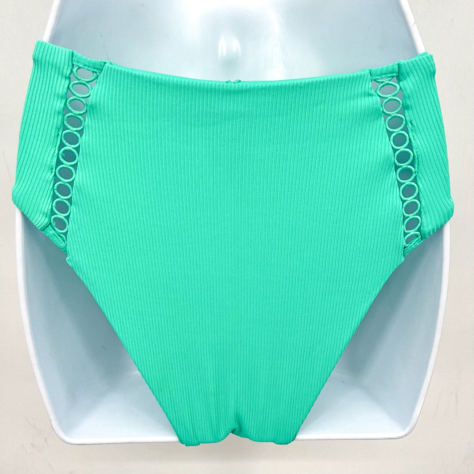 BECCA High Waist Bikini Bottoms Medium Green Aqua Sea Modern Edge Cut Out NWT