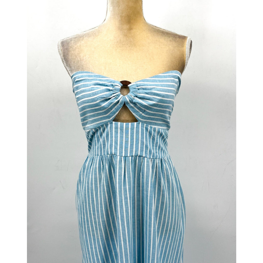 L*SPACE Women's Melody Strapless Maxi Dress Large Blue White Striped NWT