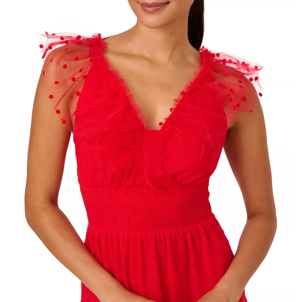 ADRIANNA PAPELL Women's Dot Tulle Ruffle Dress Size 14 Red Sleeveless NWT