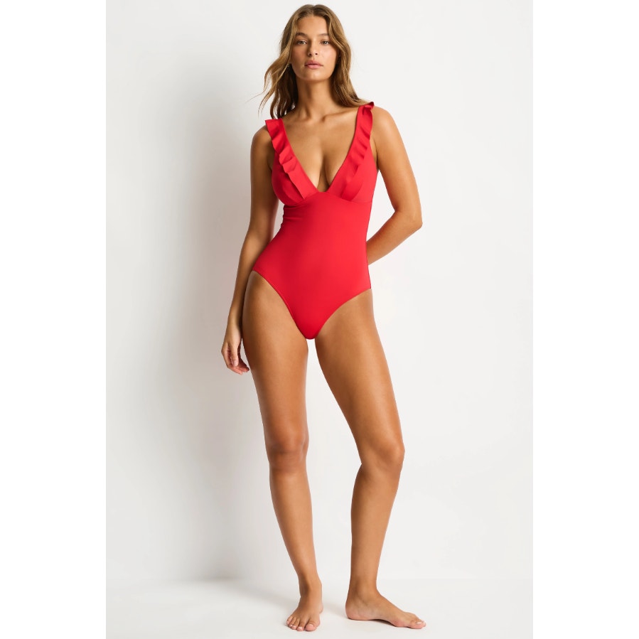 SEA LEVEL SWIM Frill One Piece Swimsuit Size 10 Red Ruffle Eco Essentials NWT