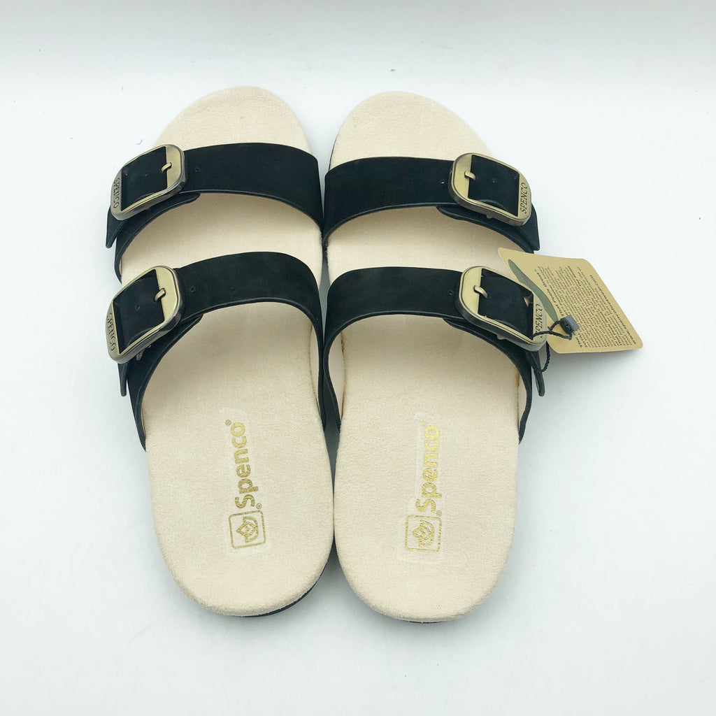 Spenco Womens Vista Slip On Sandals US 7.5 WIDE Black Leather Arch Support NIB